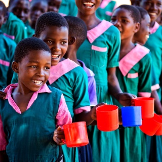 Los niños hacen fila con tazas para recibir comida en la escuela.